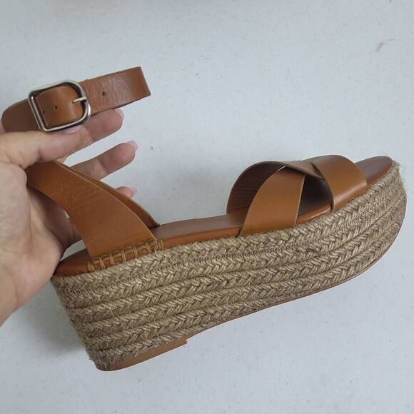 ZARA Tan Leather Hessian Wedge Sandals Shoes Size 39 UK 6 US 8 Summer Holiday - Picture 2 of 10